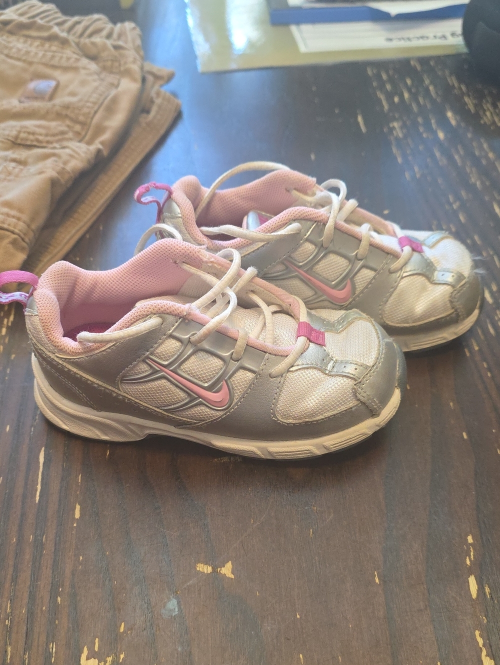 Nike Kids Silver and Pink Sneakers with Lace-Up Closure